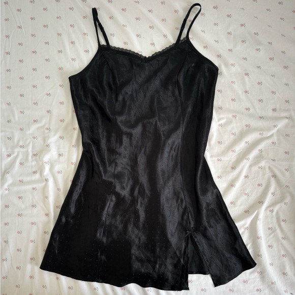 black satin slip dress with lace trim - Picture 1 of 5